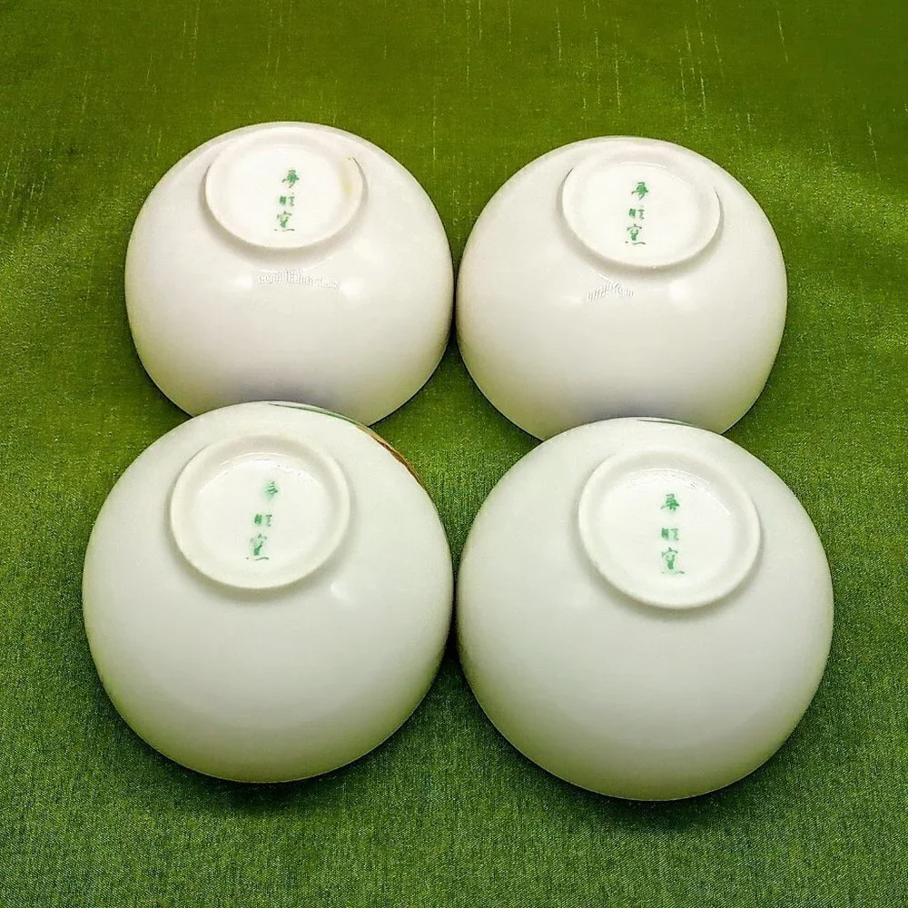 Set of 4 Japanese White Porcelain Hand-Painted Purple Orchid Gold Rim Cups
